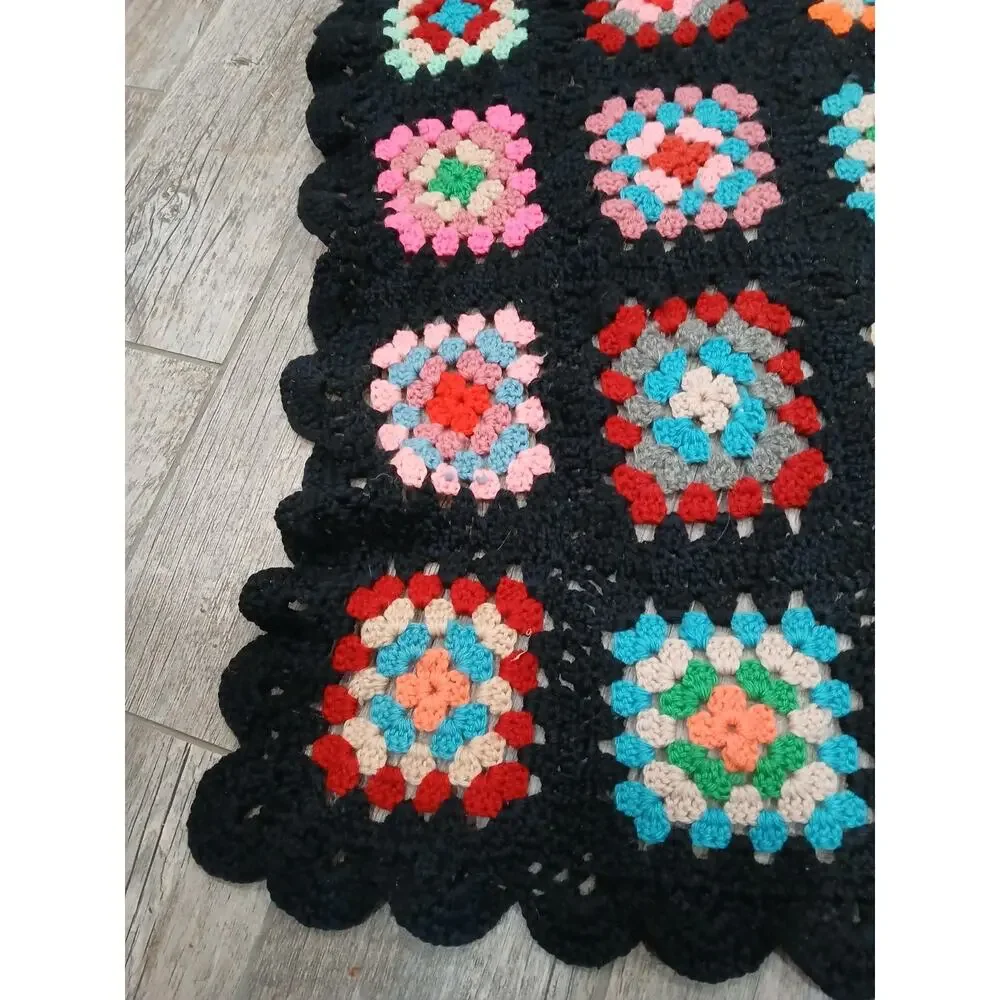 VTG Granny Square Crochet Afghan Throw 35x45 Black Multicolor Handmade Boho